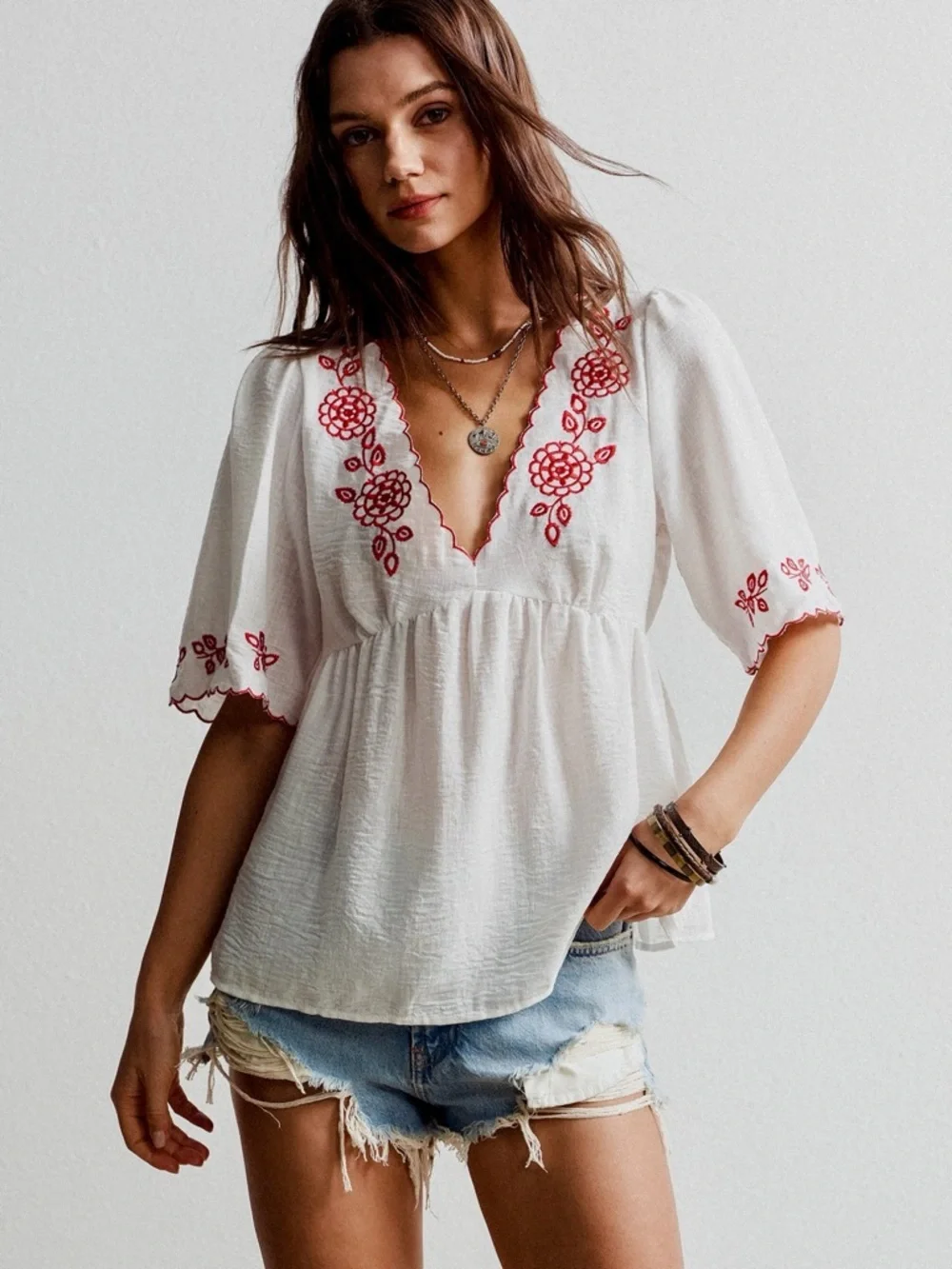 ♥️Hello Gorgeous! Embroidered Floral V-Neck Blouse - White